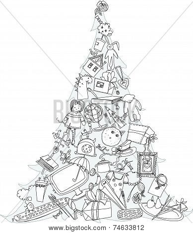 Christmas tree made of presents and toys. Doodle