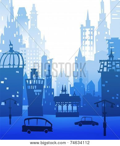 City roads and motorways with lots of traffic. Commuting time illustration