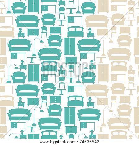 Interior seamless pattern with furniture in retro style.