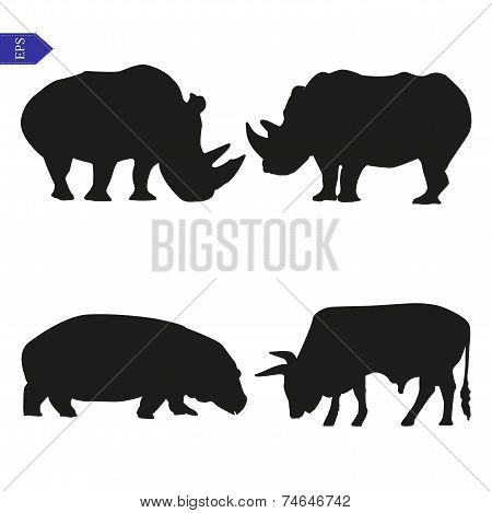 Set Of Vector Silhouettes Of Large Mammals
