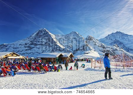 Outdoor Lounge On Winter Sport Resort In Swiss Alps Highlands