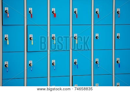 Closeup Blue Deposite Boxes With Keys. Left Luggage