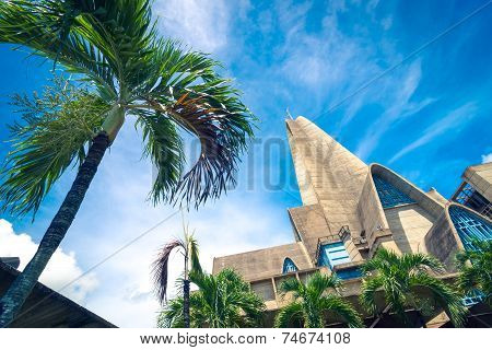 Palm tree in front of basilica La Altagracia Church in Higuey Dominican Republic