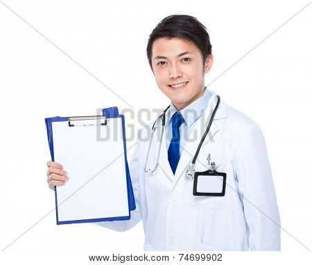 Doctor show tih balnk page on clipboard