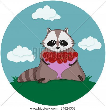 Raccoon and Beautiful bouquet of roses.