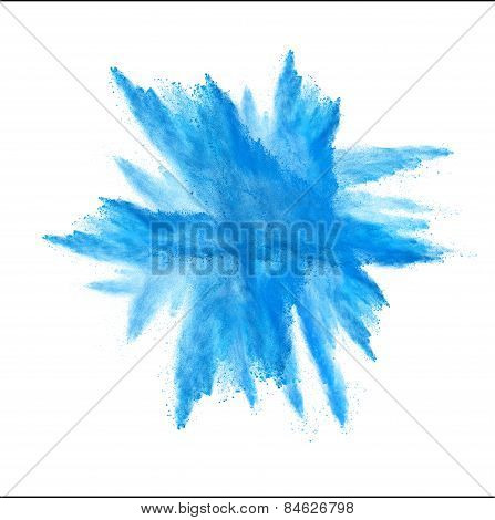 Freeze motion of blue dust explosion isolated on white background