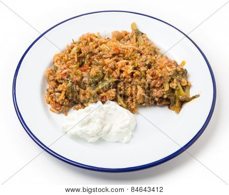 Traditional Turkish and East Mediterranean home-cooked minced beef and spinach, kymali ispanak, a popular comfort food.