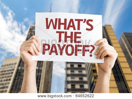 What's the Payoff? card with a urban background