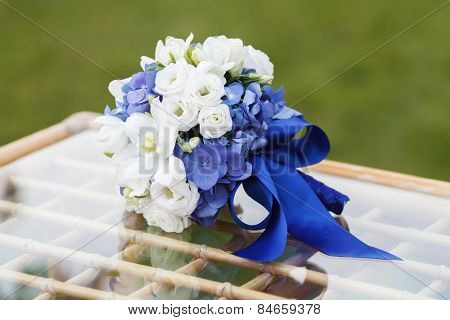 Beautiful wedding bouquet of hydrangea, eucharis and eustoma flowers