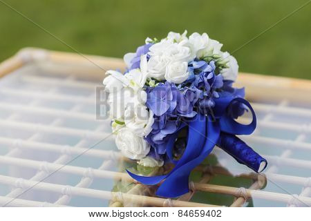 Beautiful wedding bouquet of hydrangea, eucharis and eustoma flowers