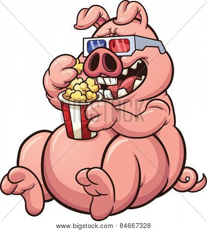 Fat cartoon pig eating popcorn and wearing glasses. Vector clip art illustration with simple gradients. Snout, glasses and pig on separate layers for easy editing.