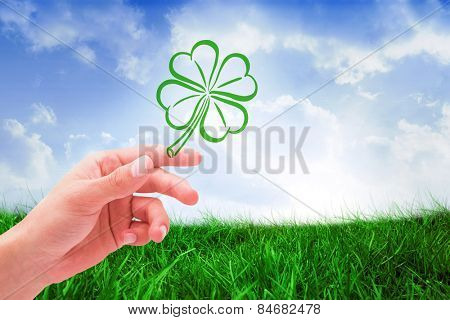 Shamrock against field of grass under blue sky
