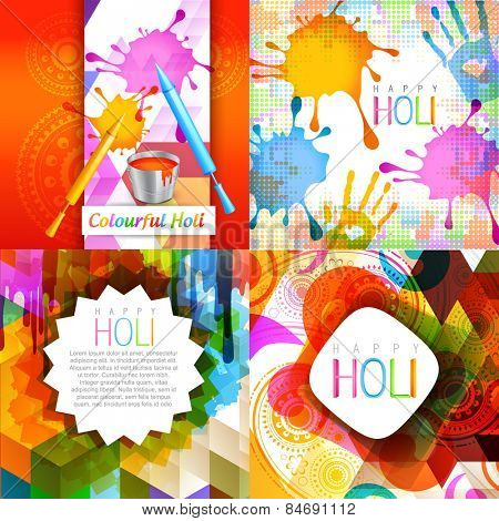 vector set of colorful holi design with pichkari splashes , paint bucket and colorful hand