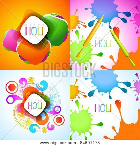 vector set of holi background with colorful splashes and pichkari