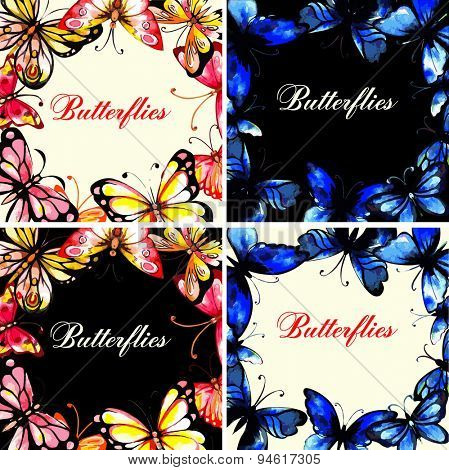 The set of four Flying butterfly card. Vector illustration. Watercolor design.