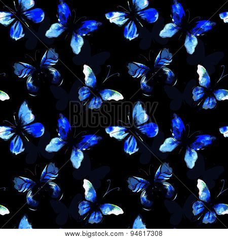 Flying watercolor morpho butterfly seamless pattern. Vector background.