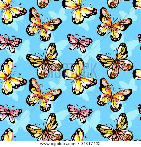 Flying watercolor butterfly seamless pattern. Vector background. Blue background.