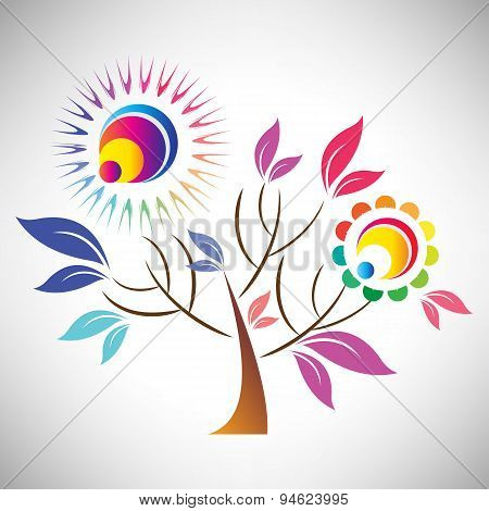 Vector illustration of beautiful abstract coloful tree with sun
