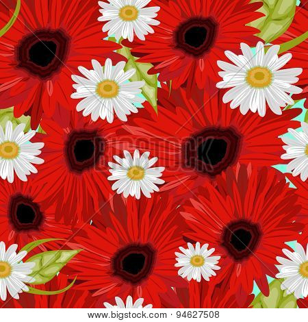 Flower Seamless Pattern With Daisies And Gerbers. Vector Illustration.