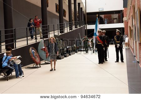 ST. PETERSBURG, RUSSIA - JUNE 24, 2015: Standard-bearers before the opening ceremony of the exhibition 