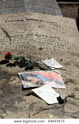 PARIS FRANCE - SEPT 12 2014: Amedeo Modigliani and Jeanne Hebuterne grave in Pere-Lachaise cemetery Paris France