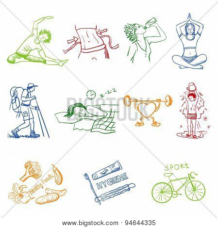 Hand drawn doodle sketch icons set healthy lifestyle
