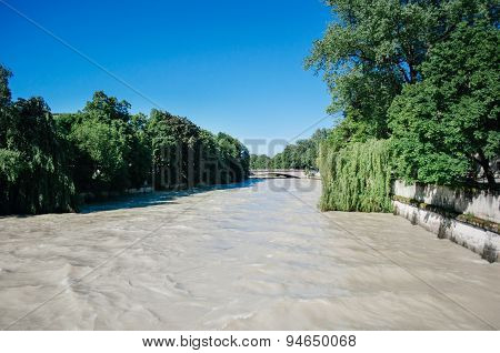 Flood - Overflow Of Water Of The Isar River In The Center Of Munich, Germany