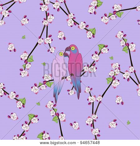 Seamless pattern with two colourful parrot