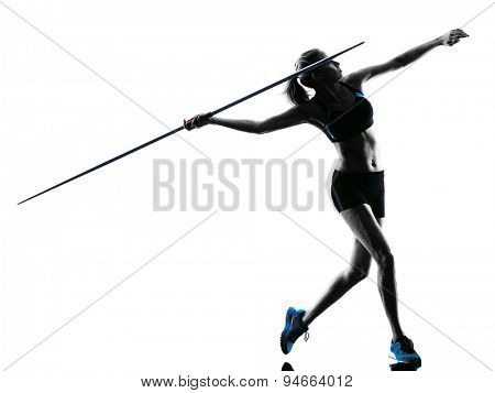 one  caucasian woman Javelin thrower in silhouette isolated white background