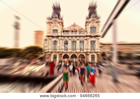 Abstract Background. Facade Of Barcelona Port Building In City Centre.  Radial Zoom Blur Effect Defo