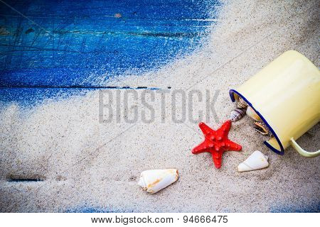 Colorful Shells Cup Sand Strewn Blue Boards