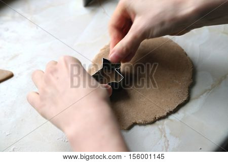 dog shaped gingerbread cookie on pastry with hands