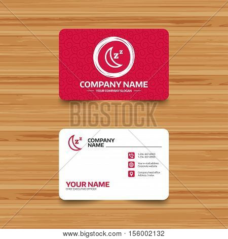 Business card template with texture. Sleep sign icon. Moon with zzz button. Standby. Phone, web and location icons. Visiting card  Vector
