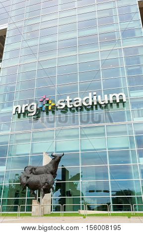 Houston, USA - August 15, 2016: Bull statue outside vertical image NRG Stadium home of National Football League's Houston Texans, Houston Livestock Show and Rodeo
