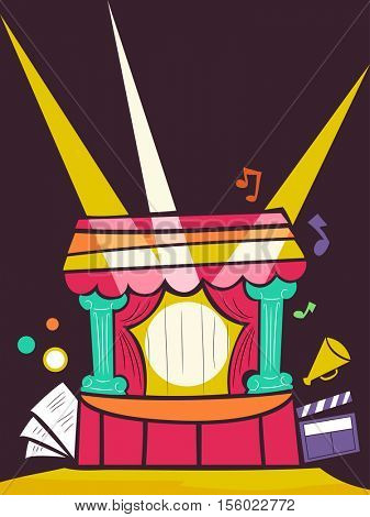 Flat Illustration of a Colorful Theater Stage Illuminated by Strobe Lights