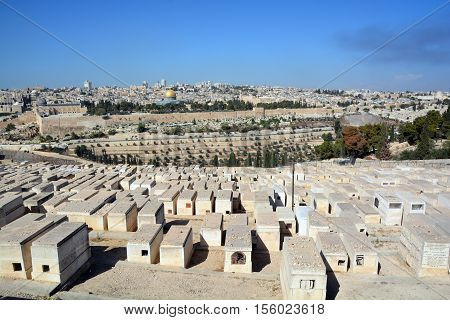 JERUSALEM ISRAEL 23 10 16: Jewish Cemetery on the Mount of Olives, including the Silwan necropolis is the most ancient cemetery in Jerusalem. Burial on the Mount of Olives started some 3,000 years ago
