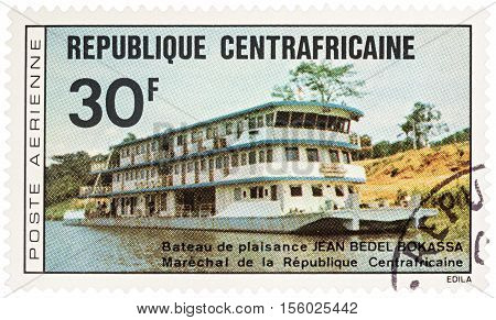 MOSCOW RUSSIA - NOVEMBER 10 2016: A stamp printed in Central African Republic shows recreation river ship 