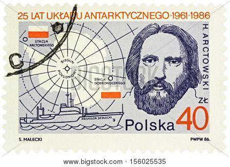 MOSCOW RUSSIA - NOVEMBER 11 2016: A stamp printed in Poland shows portrait of Polish explorer Henryk Arctowski series "The 25th Anniversary of the Signing of the Arctic Treaty" circa 1986