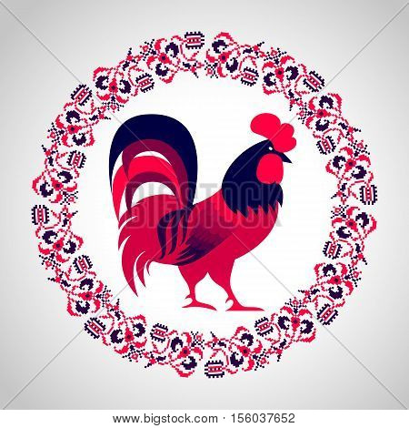 Red fire rooster as symbol of 2017. Floral traditional embroidery style frame with cartoon rooster