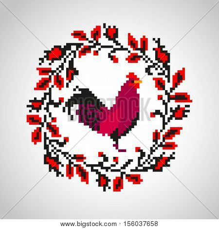 Red fire rooster embroidery as symbol of 2017. Floral traditional frame with rooster for cross stitch