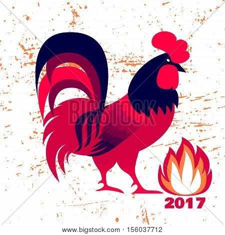 Red fire rooster as symbol of 2017. Vector illustration on grunge background