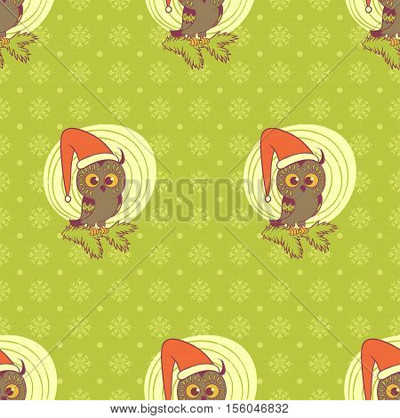Happy New Year and Merry Christmas texture. Vector seamless pattern. Hand drawn illustration with owl on fir branch