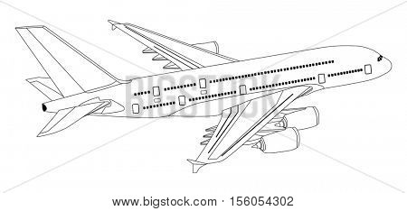 Vector Commercial Jet Aeroplane Flying in isolated background travel and tourism concept passenger plane with out line of all parts cockpit body wings tail airbus A380 on the air useful for business