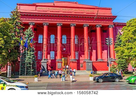KIEV UKRAINE - SEPTEMBER 8 2016: The Taras Shevchenko National University boasts bright red facade and monumental architecture on September 8 in Kiev.