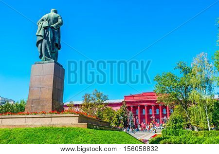 The statue of Taras Shevchenko located in park opposite the main building of National University named after him Kiev Ukraine.