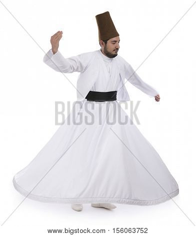 Semazen conveys God's spiritual gift to those are witnessing the ritual isolated on white background.