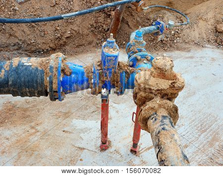 Drink Water Pipes Joined Gate Valves And Reduction Members. Finished Repaired