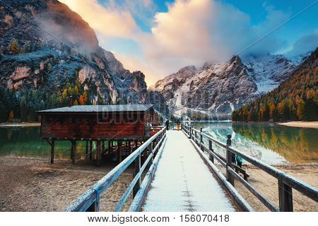 Great scene the alpine lake Braies (Pragser Wildsee). Location place Dolomiti national park Fanes-Sennes-Braies, Italy. Europe. Cross processed retro and vintage style. Instagram effect. Beauty world.