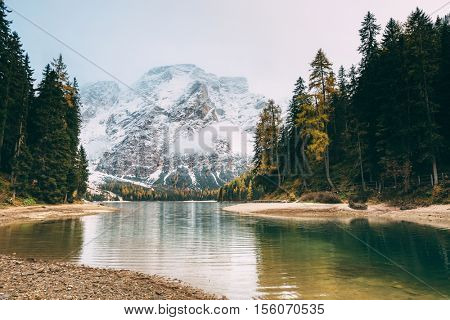 Great alpine lake Braies (Pragser Wildsee). Magic and gorgeous scene. Popular tourist attraction. Location place Dolomiti, national park Fanes-Sennes-Braies, South Tyrol, Italy. Europe. Beauty world.