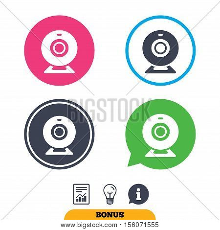 Webcam sign icon. Web video chat symbol. Camera chat. Report document, information sign and light bulb icons. Vector